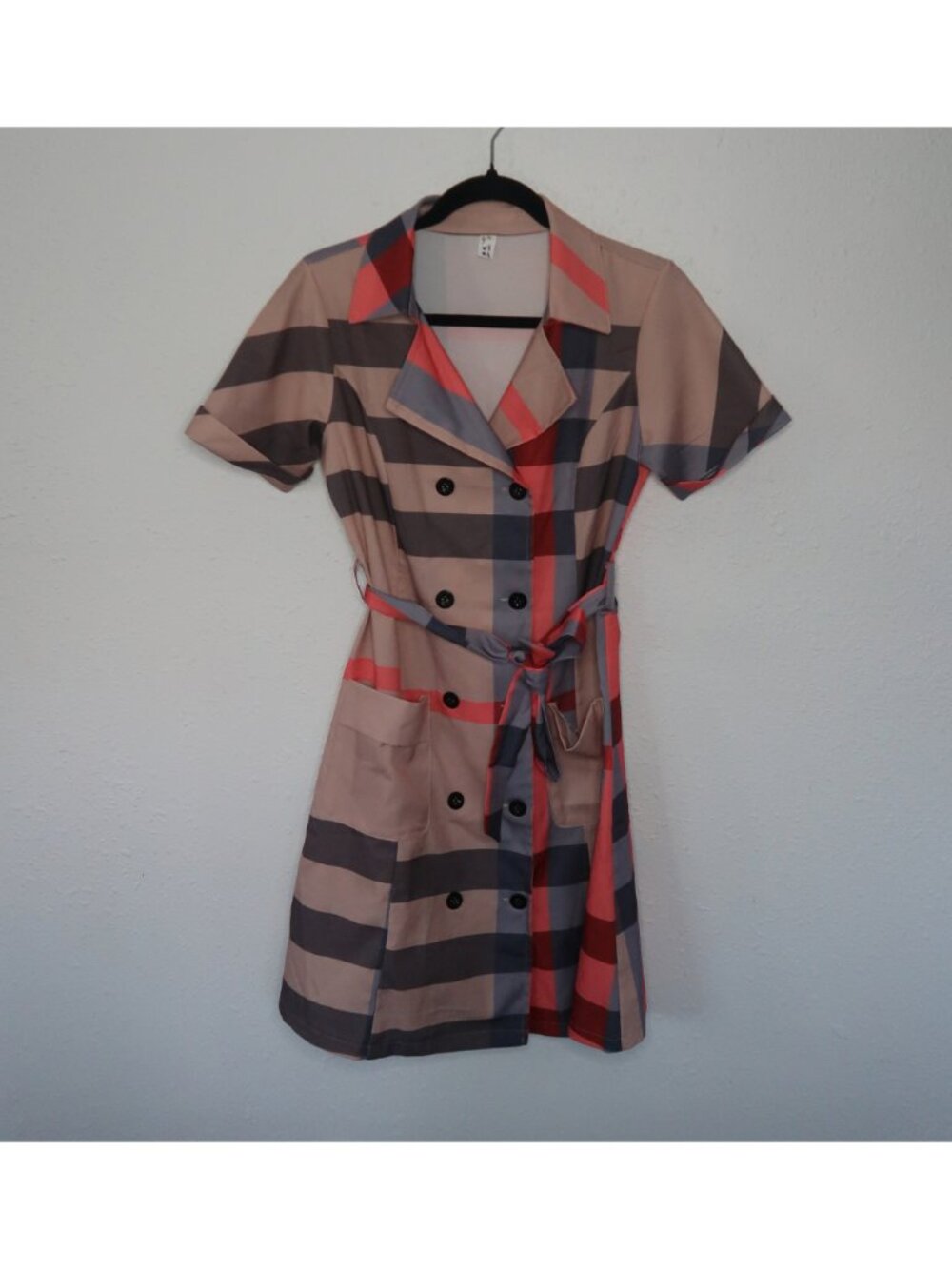 Plaid Trench Coat Short Sleeve Double Breasted Belted Knee Length Dress